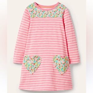 Mini Boden Pink Striped Heart Fun Pocket Cotton Jersey Dress Sz 9-10y *U17
